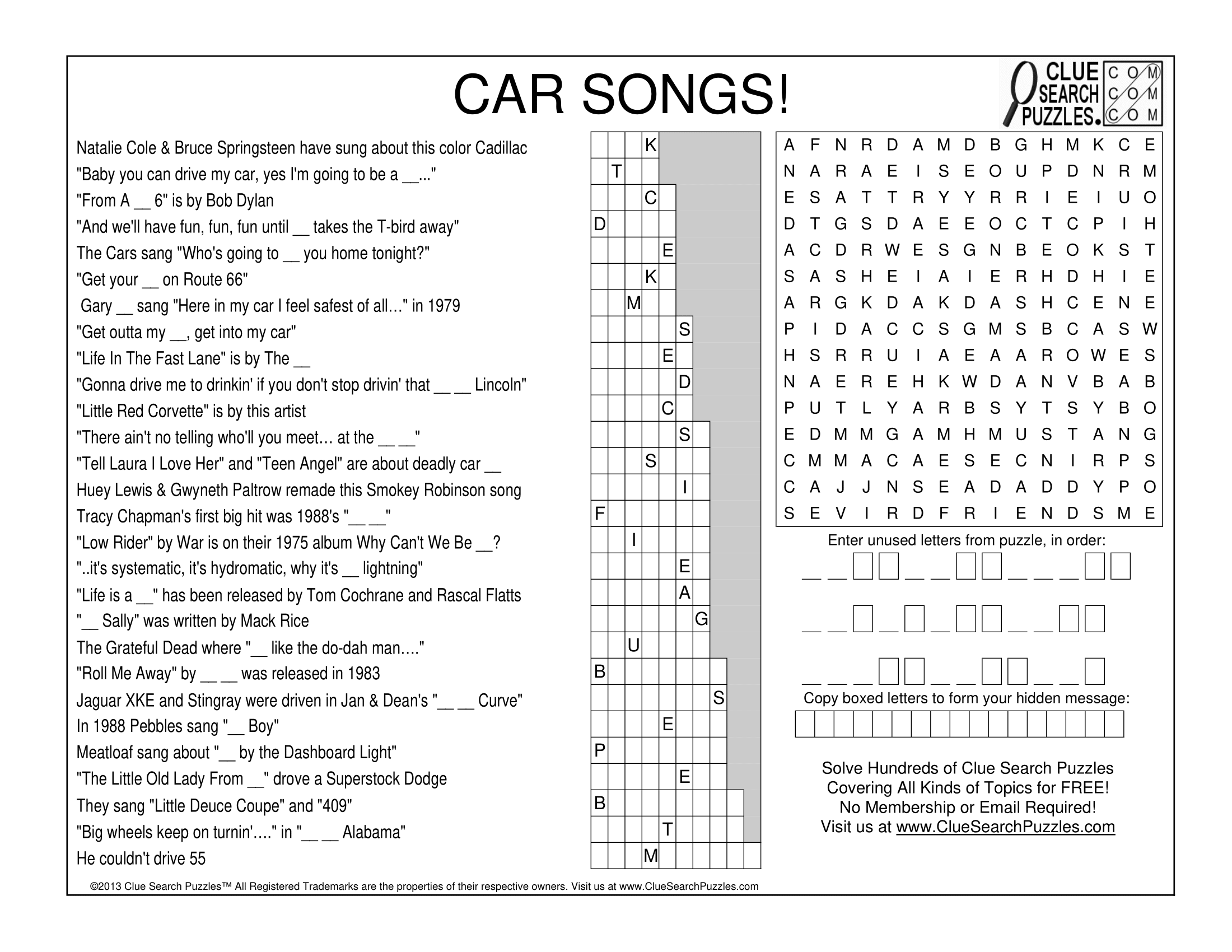 CAR SONGS TRIVIA QUIZ Clue Search Puzzles