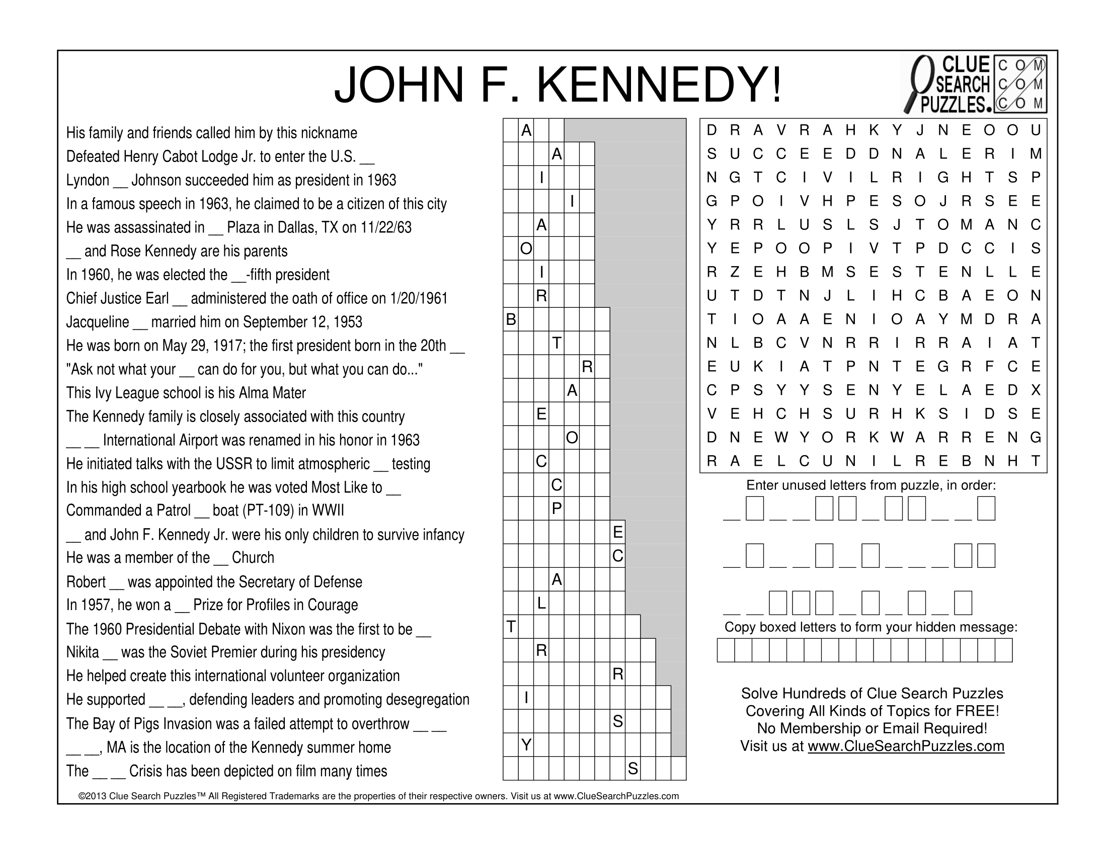 JOHN F KENNEDY TRIVIA QUIZ Clue Search Puzzles JOHN F KENNEDY TRIVIA QUIZ Clue Search Puzzles