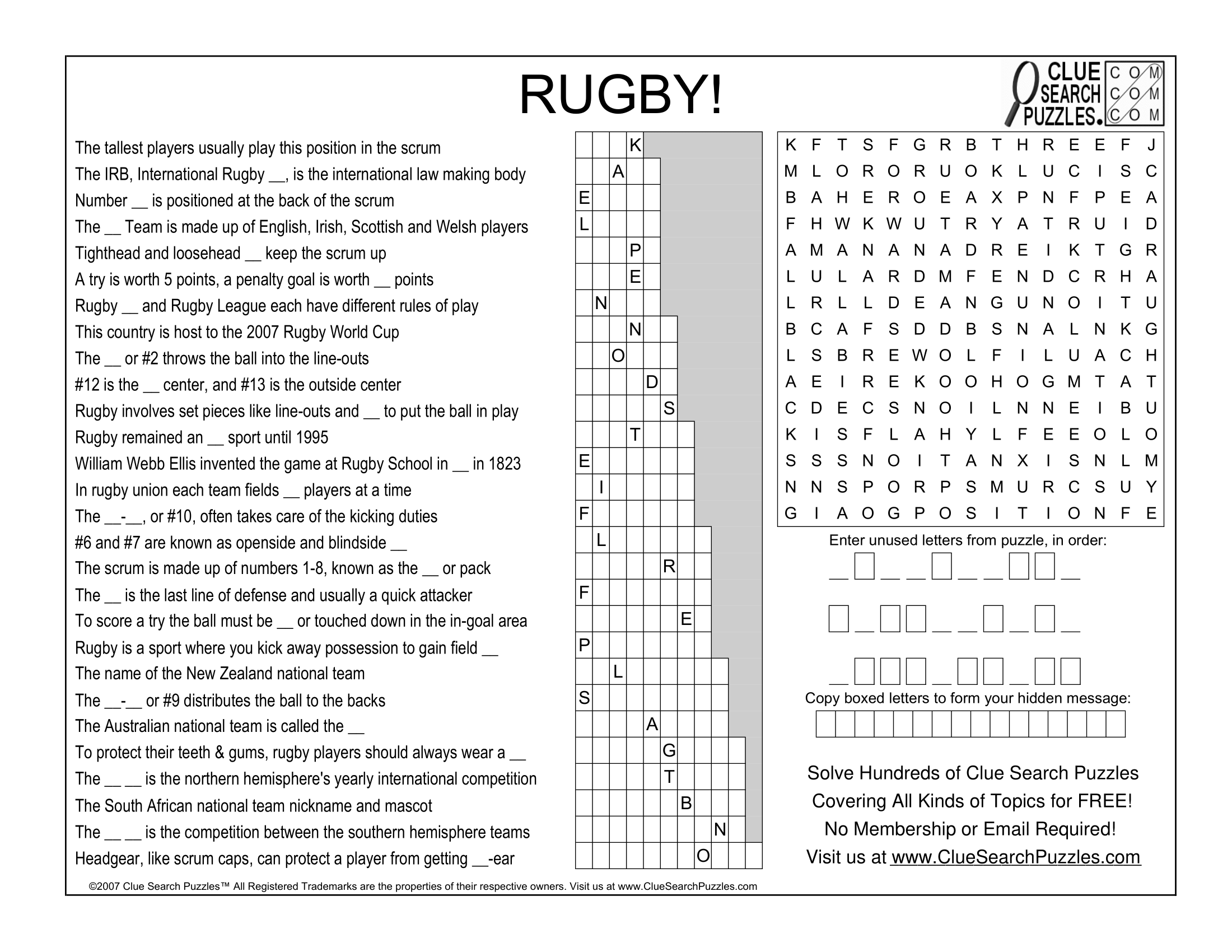 RUGBY TRIVIA QUIZ Clue Search Puzzles