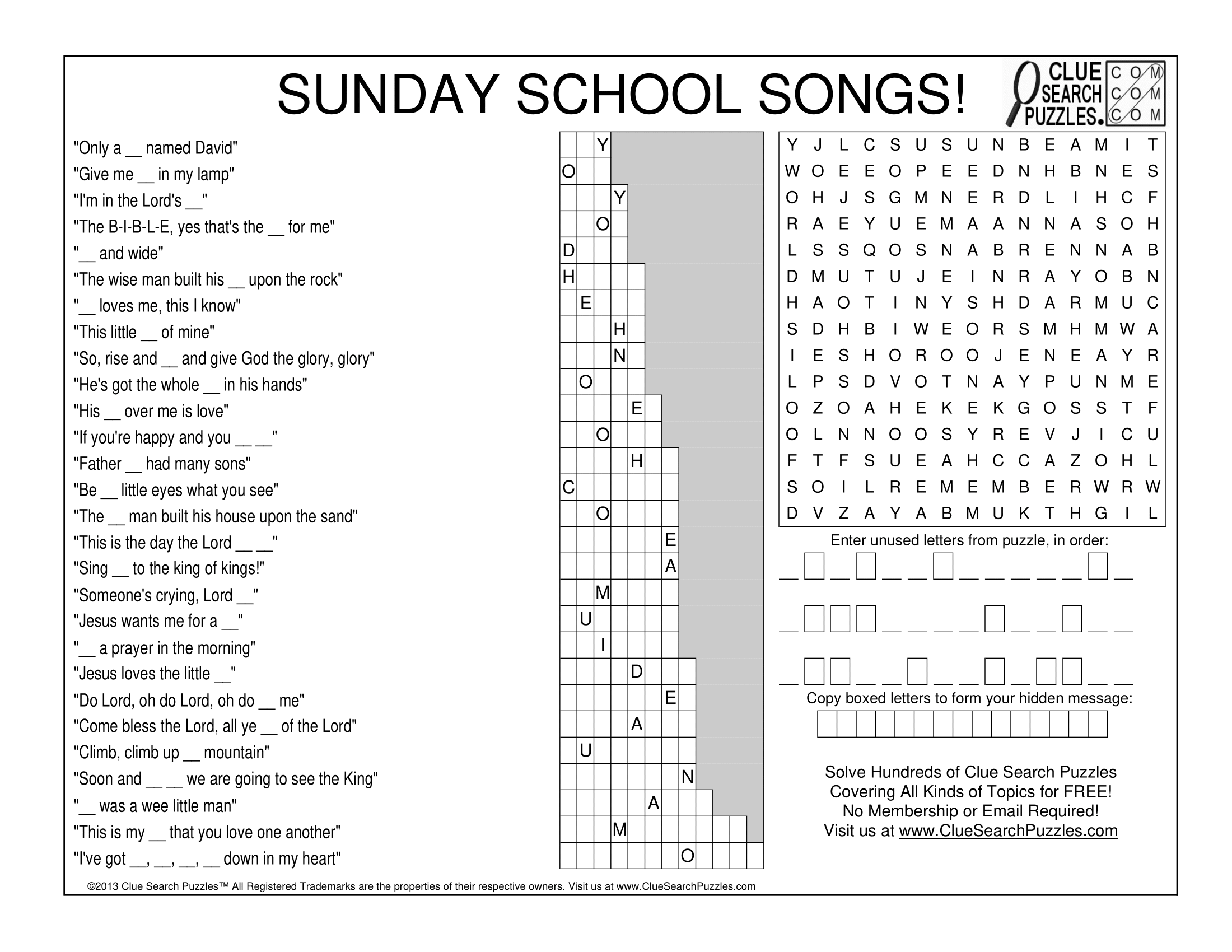SUNDAY SCHOOL SONGS TRIVIA QUIZ – Clue Search Puzzles
