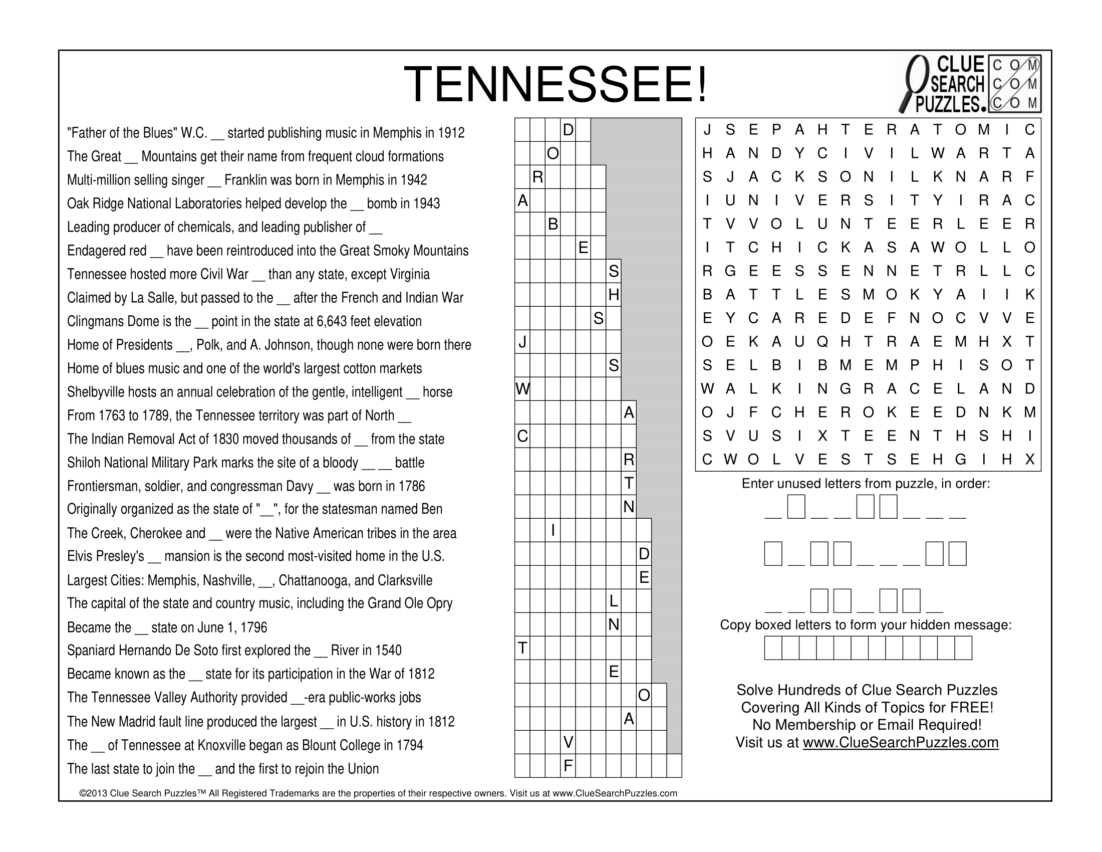 TENNESSEE TRIVIA QUIZ Clue Search Puzzles