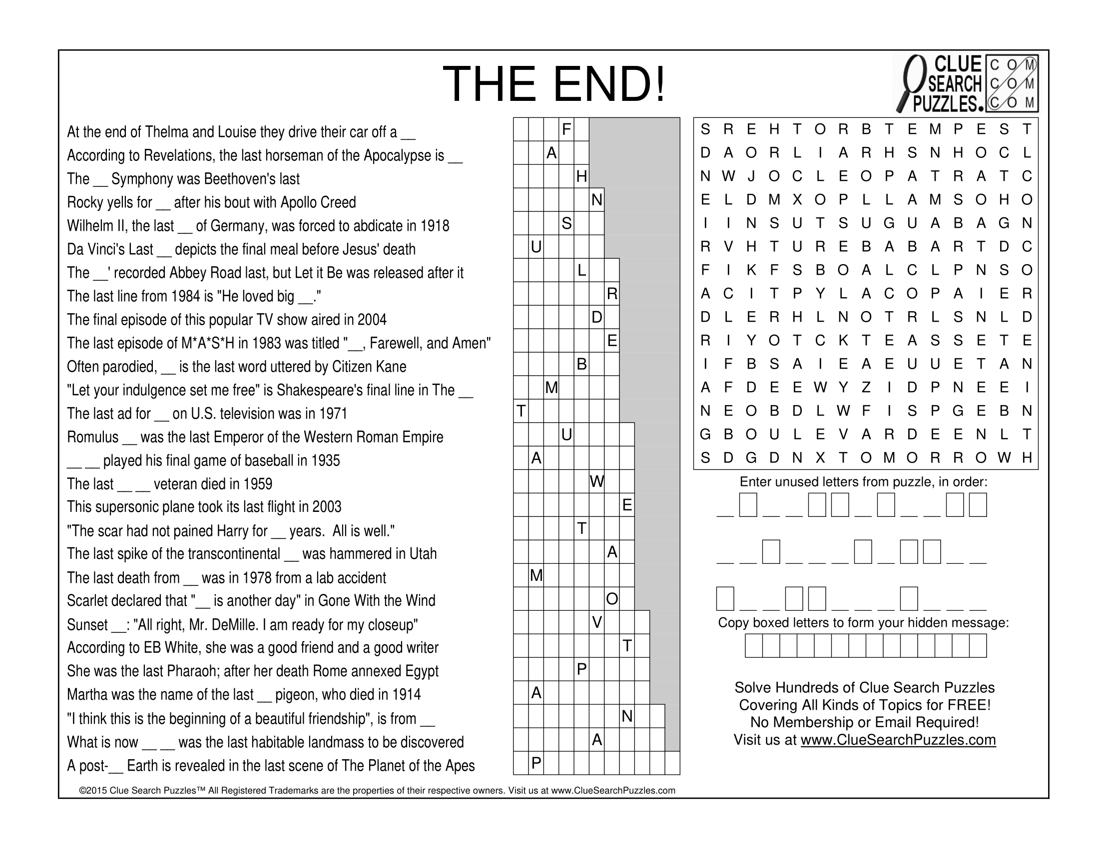 THE END TRIVIA QUIZ Clue Search Puzzles