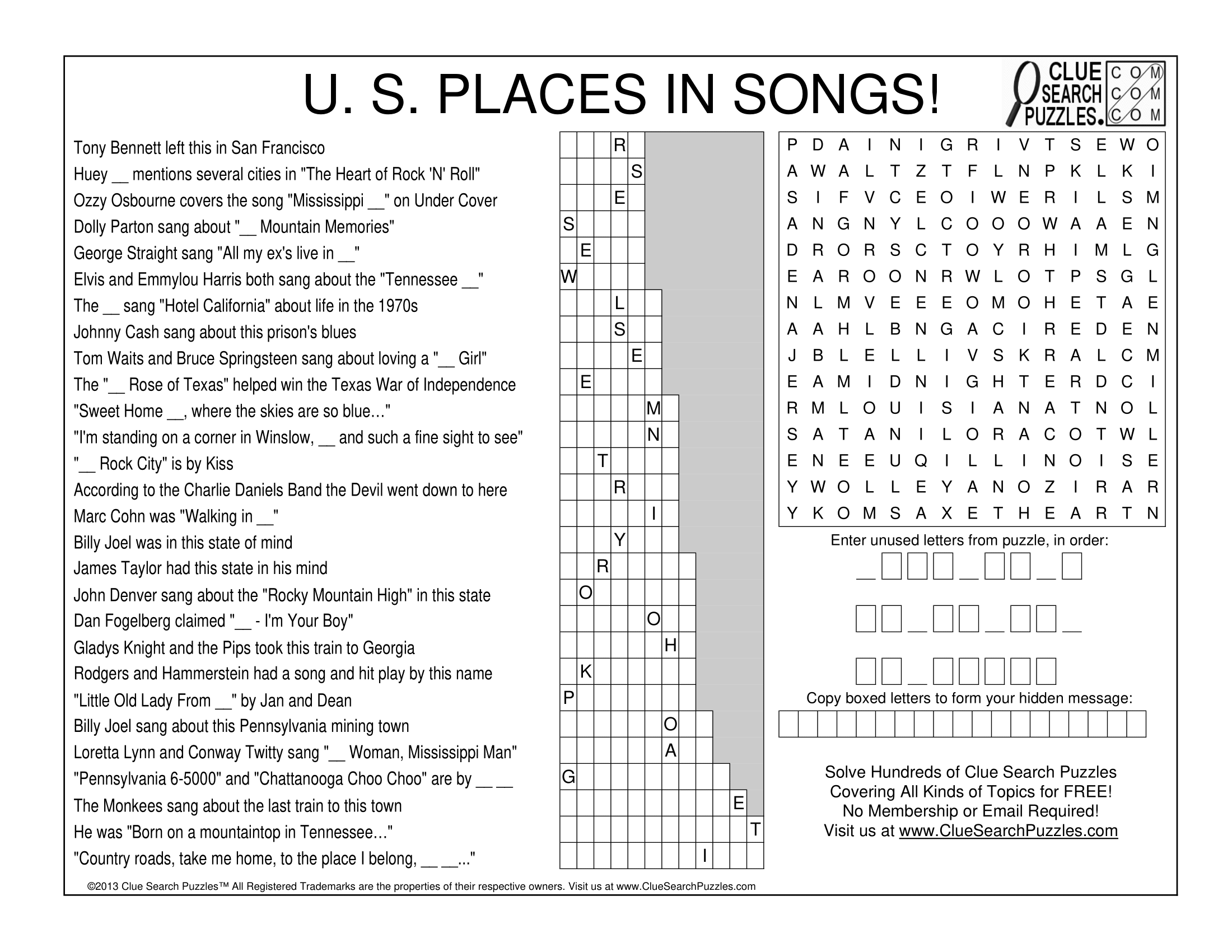 US PLACES IN SONGS TRIVIA QUIZ – Clue Search Puzzles