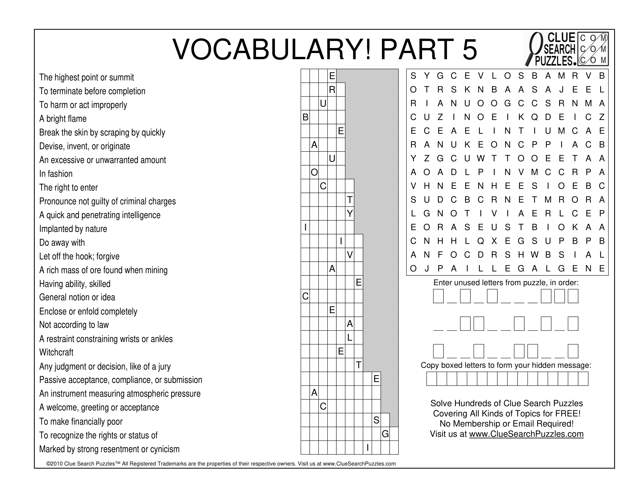VOCABULARY PART 5 TRIVIA QUIZ Clue Search Puzzles
